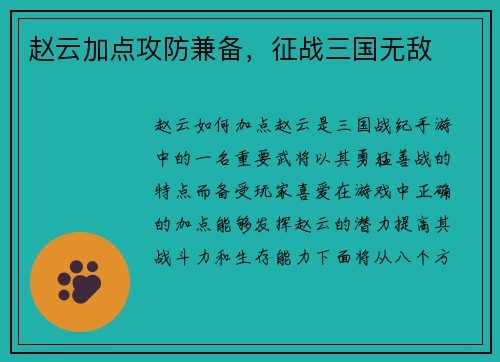 赵云加点攻防兼备，征战三国无敌